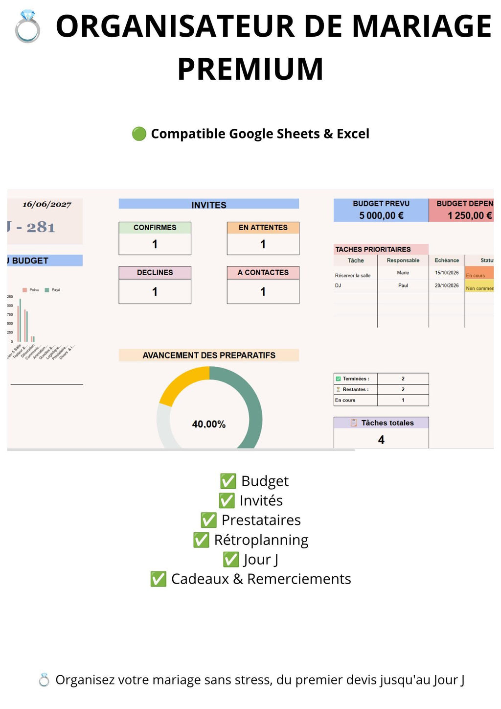 Organisateur de Mariage Premium Google Sheets & Excel